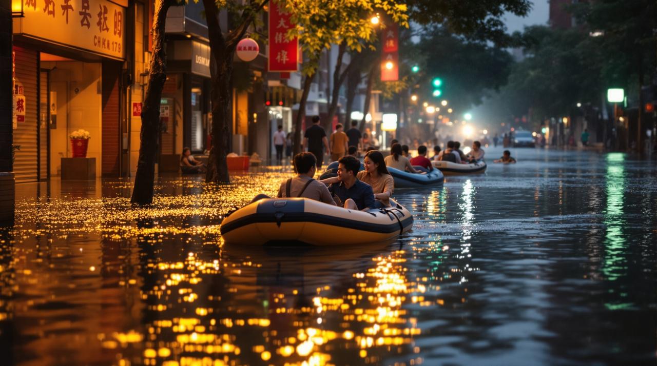 某城市暴雨导致严重内涝，市民划船出行成奇观